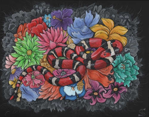 Scarlet King Snake Flora27 in. x 33 in. Framed Acrylic on Canvas
