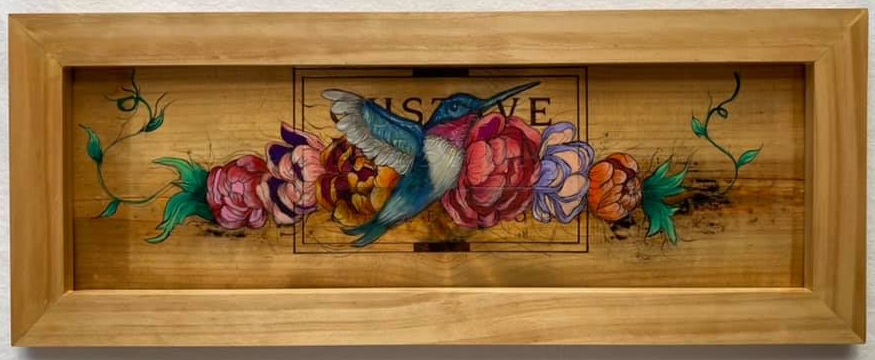 Sweet Nectar24.5 in. x 9.5 in.Acrylic on upcycled wine crate lid with hand-made frame.
