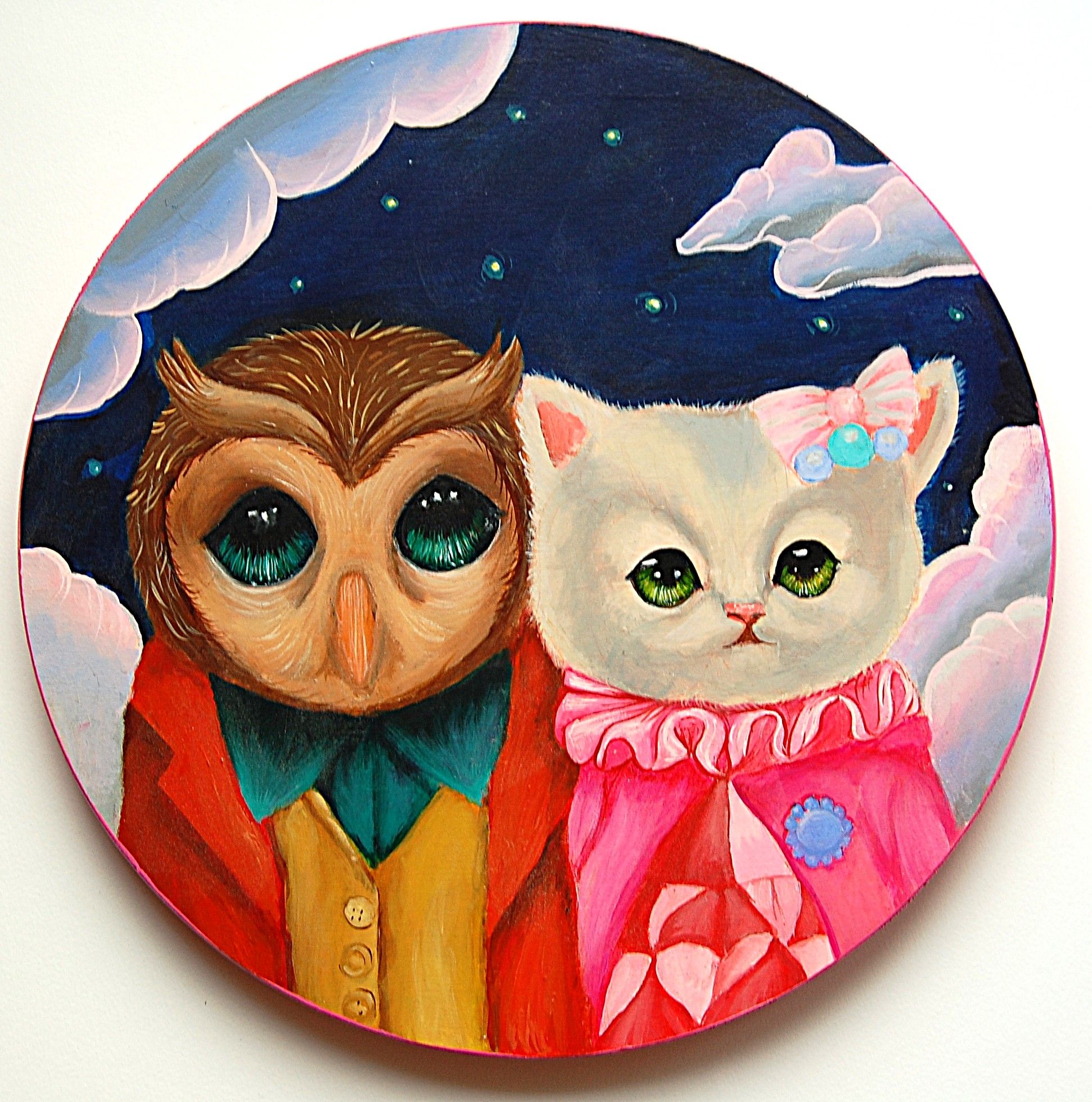 Owl and the Pussycat12 in. diameterAcrylic on Wood Tondo